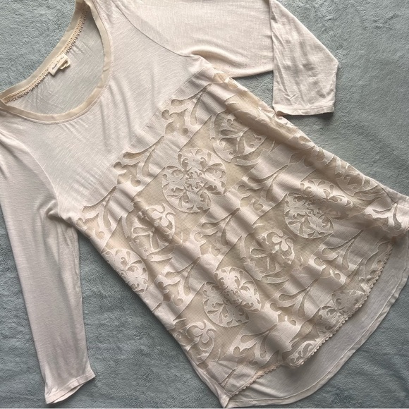 Anthropologie Meadow Rue Capriccio Lace Slub Jersey Tunic Top Ivory Cream Sz M - Picture 1 of 16